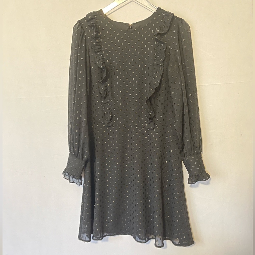 Black metallic dot mini‎ dress ruffles sheer sleeves M